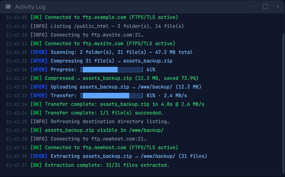 FTP to FTP File Transfer activity log showing real-time INFO, OK, XFER, WARN and ERR events